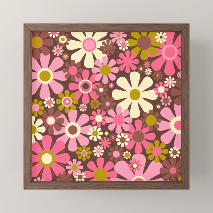 60s 70s Retro Floral Garden Cheerful Flower Pattern in Brown Pink Avocado Mini Art Print