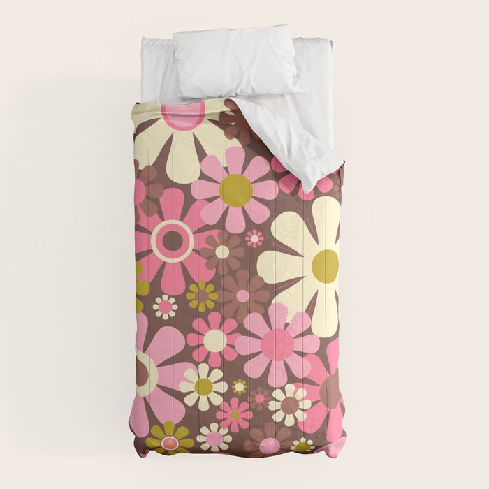 60s 70s Retro Floral Garden Cheerful Flower Pattern in Brown Pink Avocado Comforter