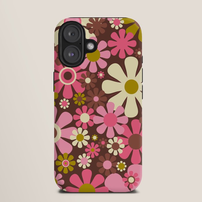 60s 70s Retro Floral Garden Cheerful Flower Pattern in Brown Pink Avocado iPhone Case