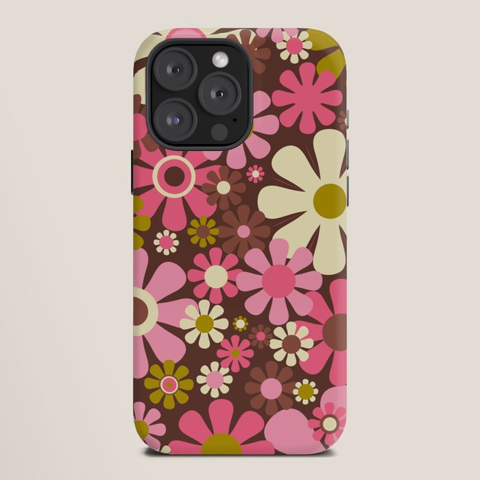 60s 70s Retro Floral Garden Cheerful Flower Pattern in Brown Pink Avocado iPhone Case