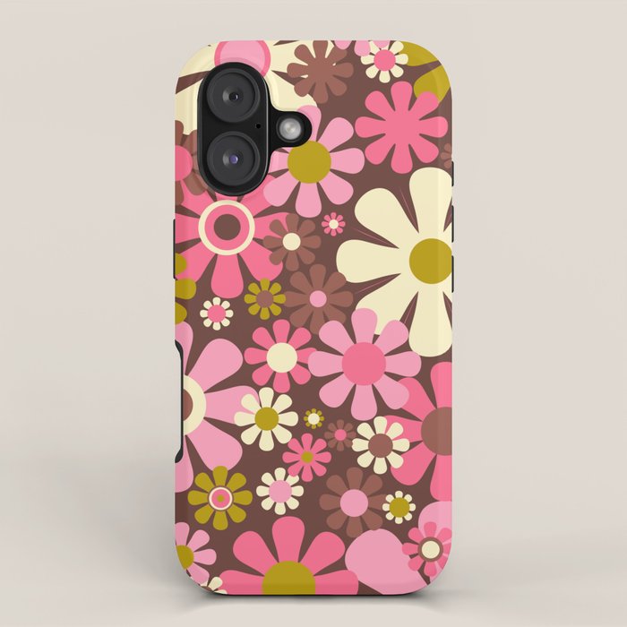 60s 70s Retro Floral Garden Cheerful Flower Pattern in Brown Pink Avocado iPhone Case