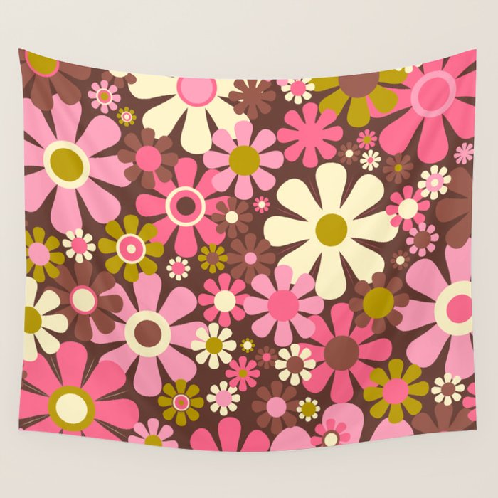 60s 70s Retro Floral Garden Cheerful Flower Pattern in Brown Pink Avocado Wall Tapestry