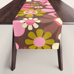 60s 70s Retro Floral Garden Cheerful Flower Pattern in Brown Pink Avocado Table Runner