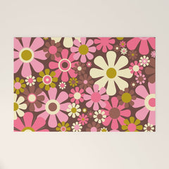 60s 70s Retro Floral Garden Cheerful Flower Pattern in Brown Pink Avocado Welcome Mat