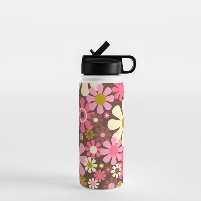 60s 70s Retro Floral Garden Cheerful Flower Pattern in Brown Pink Avocado Water Bottle