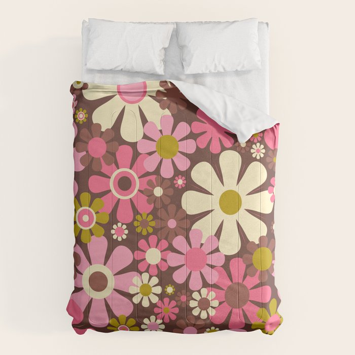 60s 70s Retro Floral Garden Cheerful Flower Pattern in Brown Pink Avocado Comforter