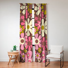 60s 70s Retro Floral Garden Cheerful Flower Pattern in Brown Pink Avocado Window Curtain