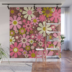 60s 70s Retro Floral Garden Cheerful Flower Pattern in Brown Pink Avocado Wall Mural