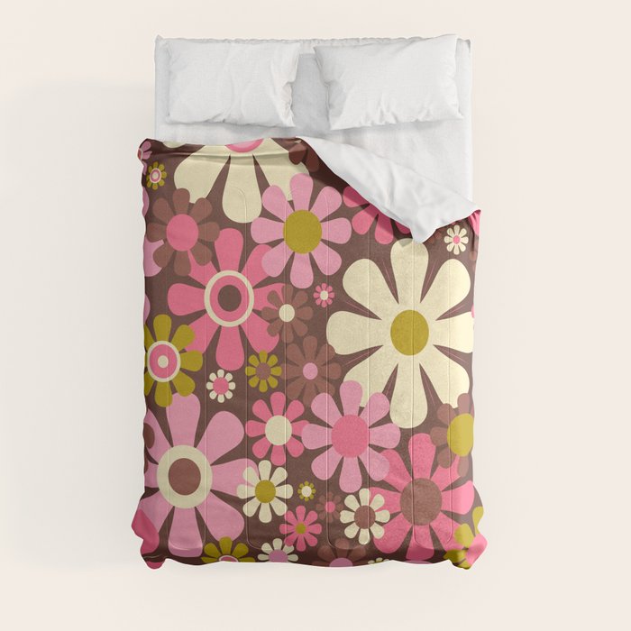 60s 70s Retro Floral Garden Cheerful Flower Pattern in Brown Pink Avocado Comforter