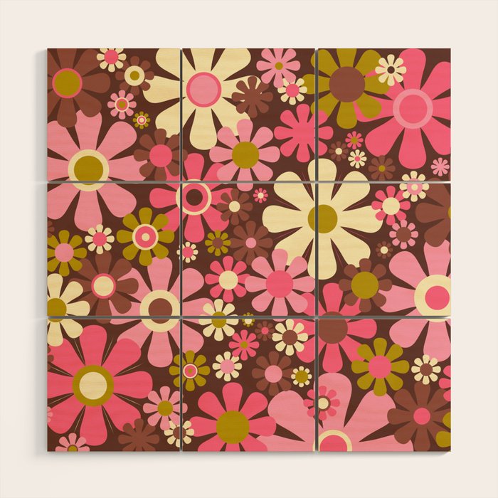 60s 70s Retro Floral Garden Cheerful Flower Pattern in Brown Pink Avocado Wood Wall Art