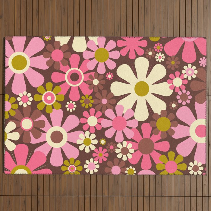 60s 70s Retro Floral Garden Cheerful Flower Pattern in Brown Pink Avocado Outdoor Rug