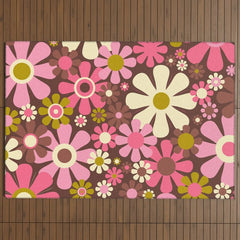 60s 70s Retro Floral Garden Cheerful Flower Pattern in Brown Pink Avocado Outdoor Rug
