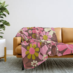 60s 70s Retro Floral Garden Cheerful Flower Pattern in Brown Pink Avocado Throw Blanket