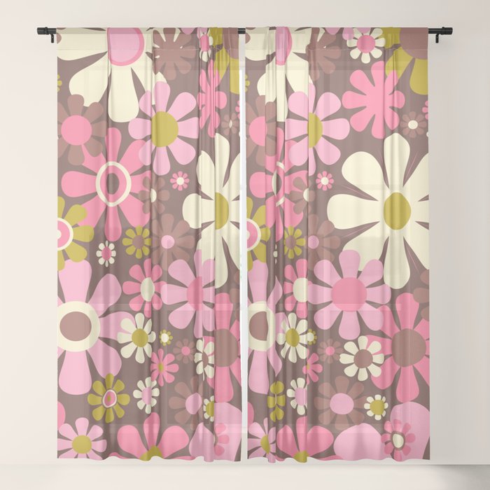 60s 70s Retro Floral Garden Cheerful Flower Pattern in Brown Pink Avocado Window Curtain