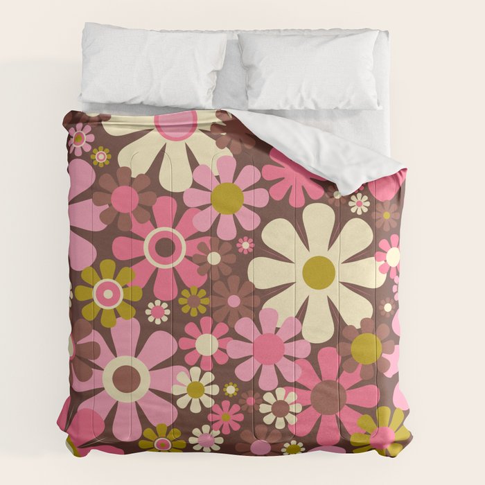 60s 70s Retro Floral Garden Cheerful Flower Pattern in Brown Pink Avocado Comforter