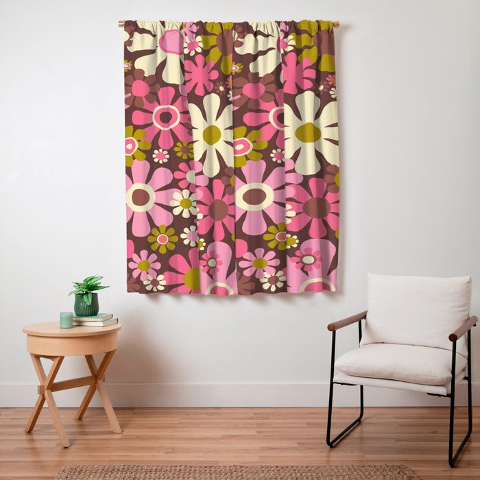 60s 70s Retro Floral Garden Cheerful Flower Pattern in Brown Pink Avocado Window Curtain