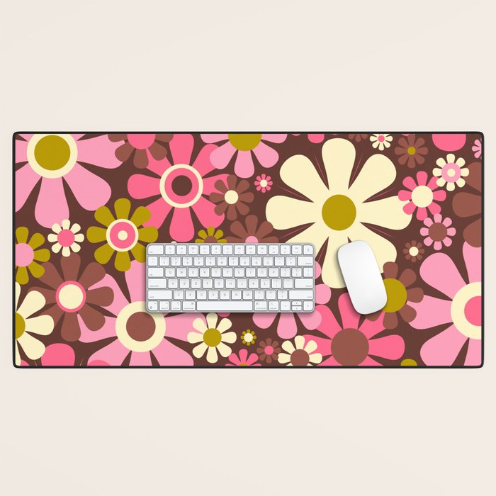 60s 70s Retro Floral Garden Cheerful Flower Pattern in Brown Pink Avocado Desk Mat