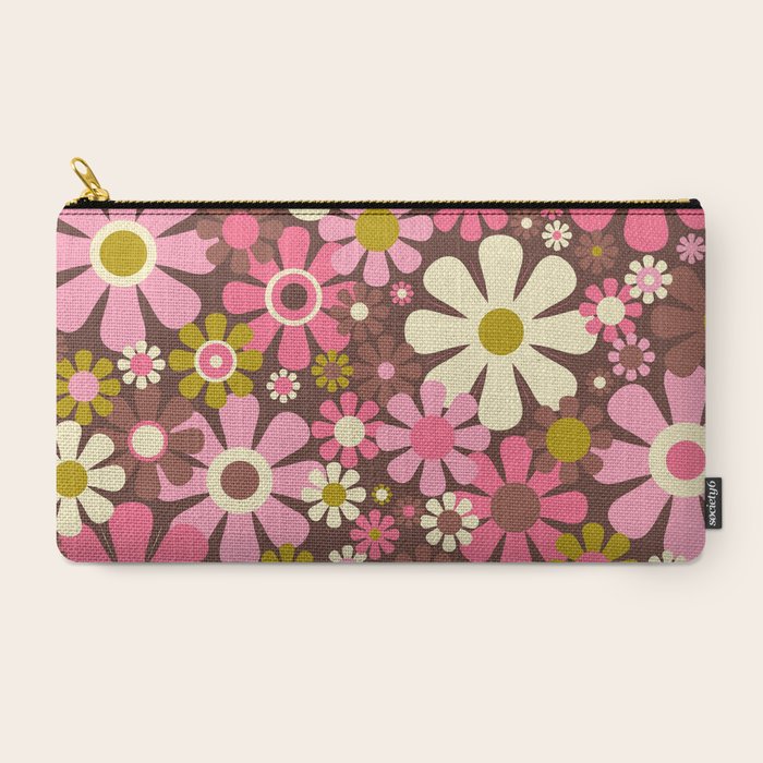 60s 70s Retro Floral Garden Cheerful Flower Pattern in Brown Pink Avocado Carry All Pouch