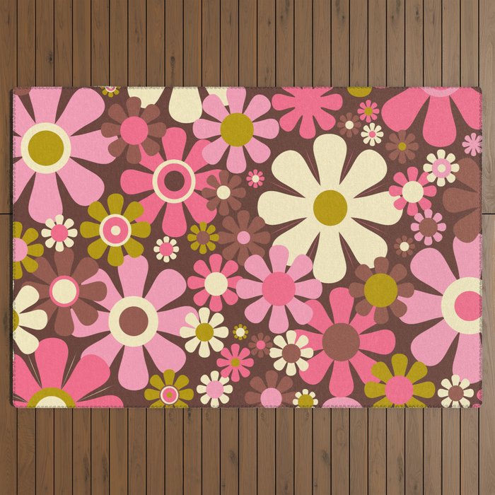 60s 70s Retro Floral Garden Cheerful Flower Pattern in Brown Pink Avocado Outdoor Rug