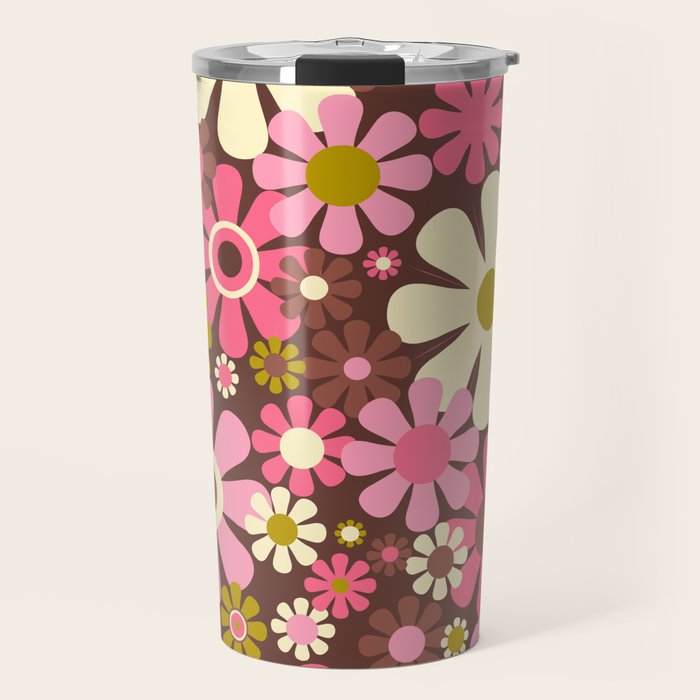 60s 70s Retro Floral Garden Cheerful Flower Pattern in Brown Pink Avocado Travel Mug