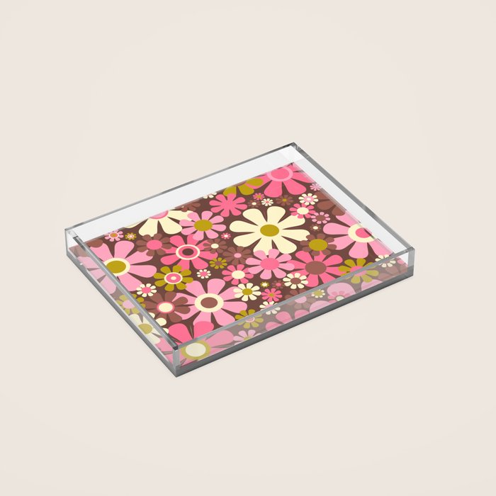 60s 70s Retro Floral Garden Cheerful Flower Pattern in Brown Pink Avocado Acrylic Tray