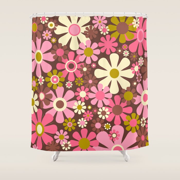 60s 70s Retro Floral Garden Cheerful Flower Pattern in Brown Pink Avocado Shower Curtain