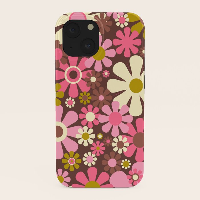 60s 70s Retro Floral Garden Cheerful Flower Pattern in Brown Pink Avocado iPhone Case