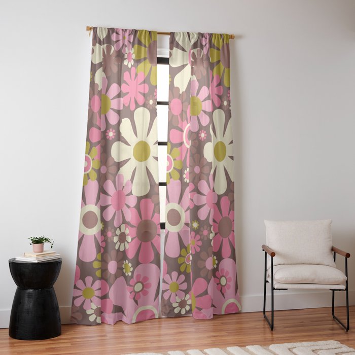 60s 70s Retro Floral Garden Cheerful Flower Pattern in Brown Pink Avocado Window Curtain