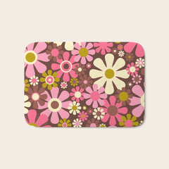 60s 70s Retro Floral Garden Cheerful Flower Pattern in Brown Pink Avocado Bath Mat