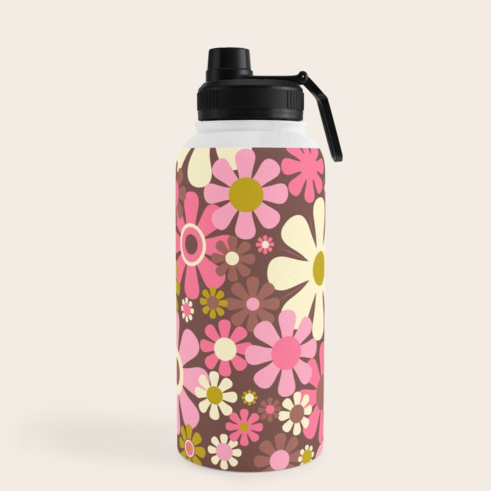 60s 70s Retro Floral Garden Cheerful Flower Pattern in Brown Pink Avocado Water Bottle