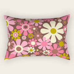 60s 70s Retro Floral Garden Cheerful Flower Pattern in Brown Pink Avocado Rectangular Pillow