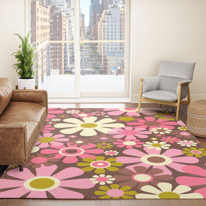 60s 70s Retro Floral Garden Cheerful Flower Pattern in Brown Pink Avocado Rug