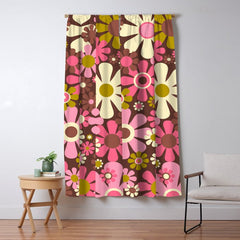 60s 70s Retro Floral Garden Cheerful Flower Pattern in Brown Pink Avocado Window Curtain