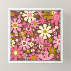 60s 70s Retro Floral Garden Cheerful Flower Pattern in Brown Pink Avocado Mini Art Print
