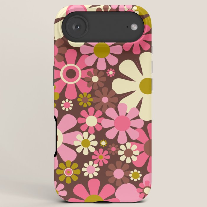 60s 70s Retro Floral Garden Cheerful Flower Pattern in Brown Pink Avocado iPhone Case