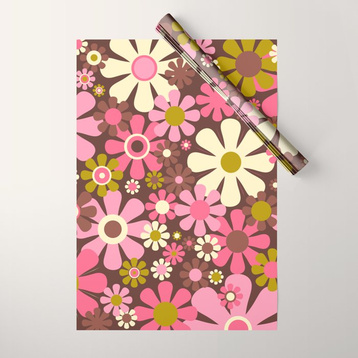 60s 70s Retro Floral Garden Cheerful Flower Pattern in Brown Pink Avocado Wrapping Paper
