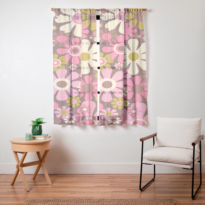 60s 70s Retro Floral Garden Cheerful Flower Pattern in Brown Pink Avocado Window Curtain