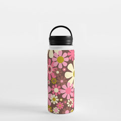 60s 70s Retro Floral Garden Cheerful Flower Pattern in Brown Pink Avocado Water Bottle