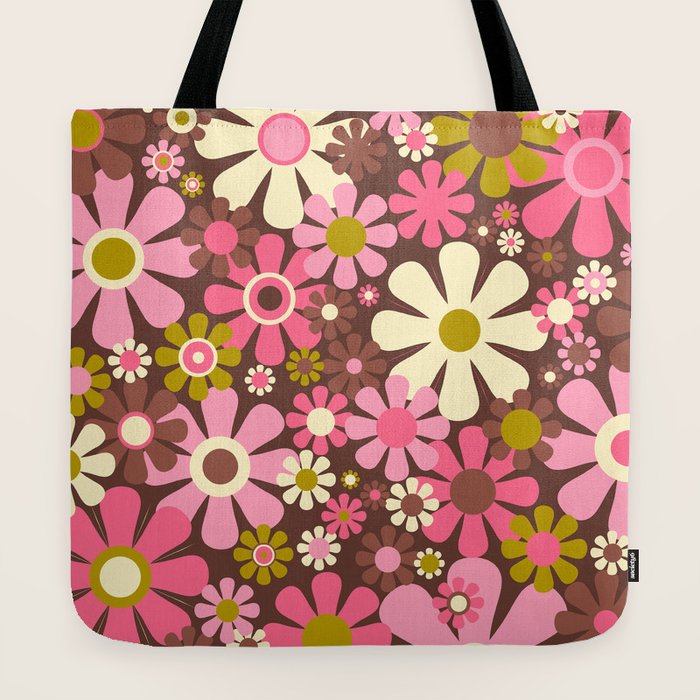 60s 70s Retro Floral Garden Cheerful Flower Pattern in Brown Pink Avocado Tote Bag