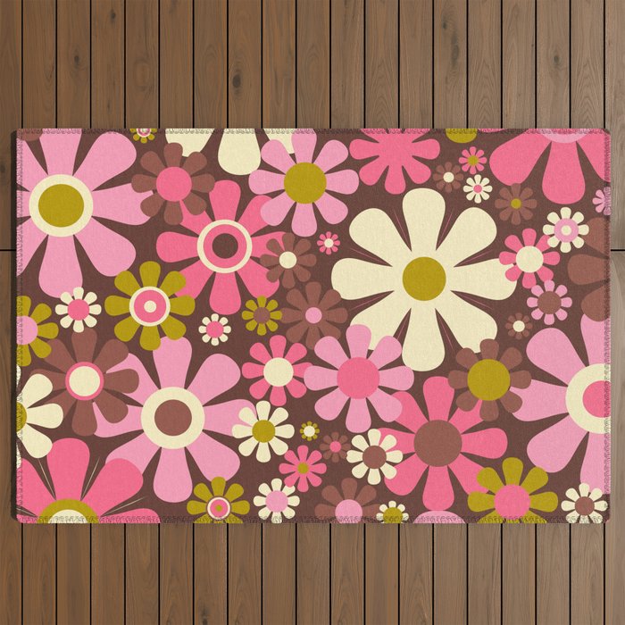 60s 70s Retro Floral Garden Cheerful Flower Pattern in Brown Pink Avocado Outdoor Rug