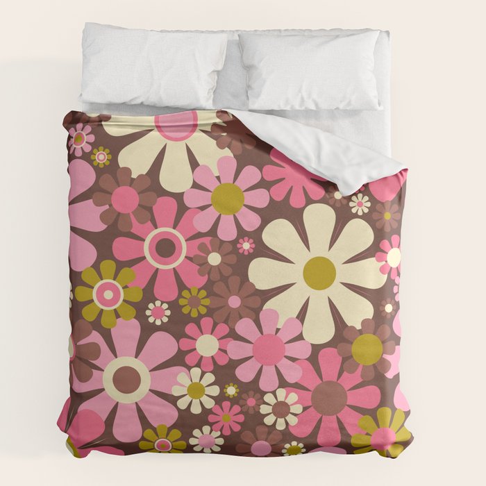 60s 70s Retro Floral Garden Cheerful Flower Pattern in Brown Pink Avocado Duvet Cover