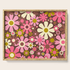 60s 70s Retro Floral Garden Cheerful Flower Pattern in Brown Pink Avocado Serving Tray