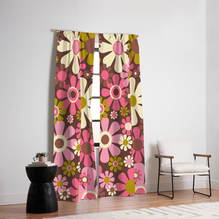 60s 70s Retro Floral Garden Cheerful Flower Pattern in Brown Pink Avocado Window Curtain