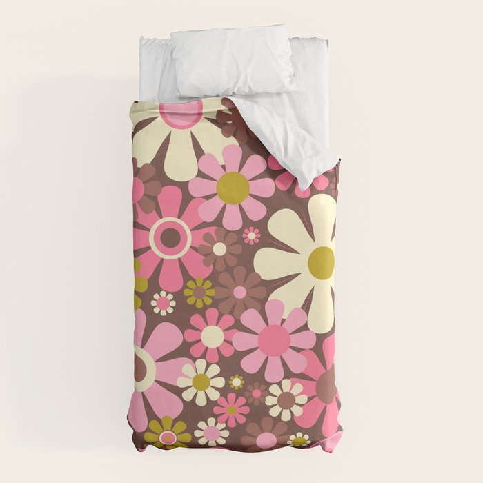 60s 70s Retro Floral Garden Cheerful Flower Pattern in Brown Pink Avocado Duvet Cover