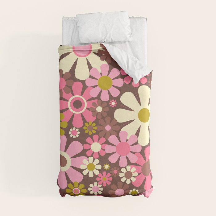 60s 70s Retro Floral Garden Cheerful Flower Pattern in Brown Pink Avocado Duvet Cover