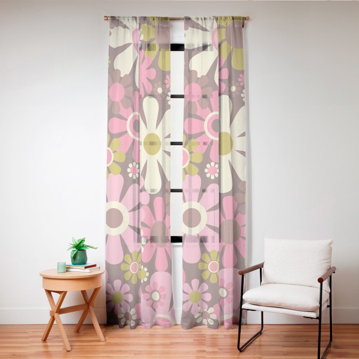 60s 70s Retro Floral Garden Cheerful Flower Pattern in Brown Pink Avocado Window Curtain