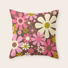 60s 70s Retro Floral Garden Cheerful Flower Pattern in Brown Pink Avocado Throw Pillow