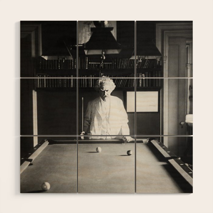1891 Mark Twain playing billiards, pool black and white vintage photograph / photography Wood Wall Art