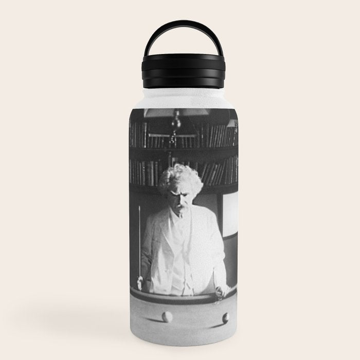 1891 Mark Twain playing billiards, pool black and white vintage photograph / photography Water Bottle