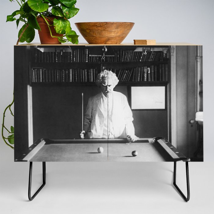 1891 Mark Twain playing billiards, pool black and white vintage photograph / photography Credenza